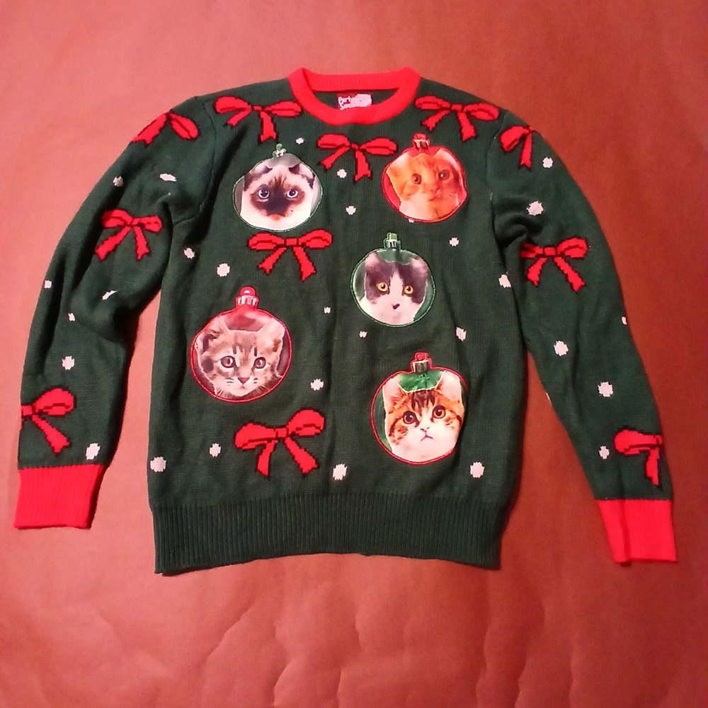 Ugly Christmas Sweater Party Size Medium Dec 25th Cats Ornament Bow